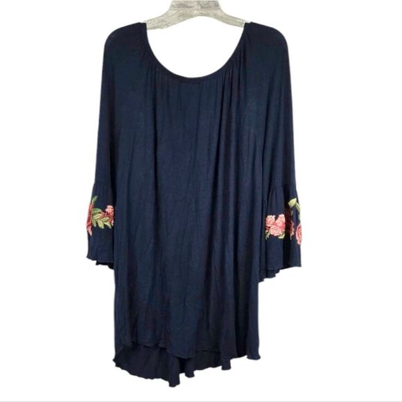Women's 3XL Navy Blue Floral Embroidered Bell Sleeve Tunic Top Ruffled Peasant - Picture 5 of 10